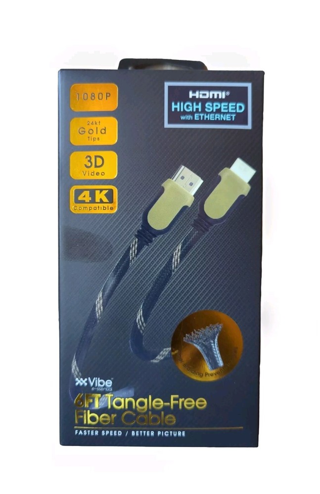 VIBE 6ft Tangle-Free Fiber Cable HDMI 1080 High Speed w/Ethernet 1080P BRAND NEW