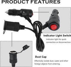 3Ft Car Cigarette Lighter Extension Cord with On Off Switch & Dust 1 Tuo 1 or 2