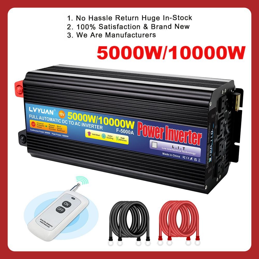5000W 10000W Power Inverter DC 12V to AC 110V Converter W/ 4 Sockets USB Remote
