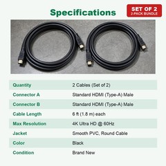 HDMI to HDMI Cable 6FT 4K Set of 2 for HDTV Monitor PS5 PS4 Xbox Blu-ray Player