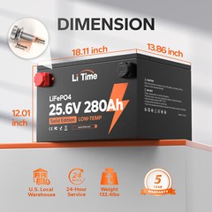 LiTime 24V 280Ah 7168Wh LiFePO4 Lithium Battery For Off-grid Solar Energy Saving