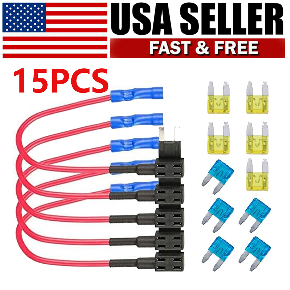 15PCS Fuse TAP Adapter Kit Add-a-circuit Car Mini ATM APM Blade 15 Amp 20Amp 12V