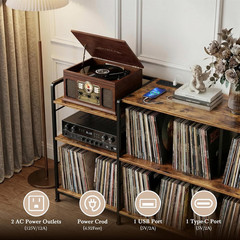 Vinyl Record Player Stand with Storage, Power Outlet, Rustic Brown Finish