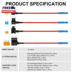 16 Pack 4 Types Fuse Tap Upgraded 12V Car Add a Circuit Fuse Tap Kit Micro2