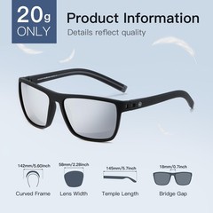 58mm lens width, 145mm temple length, 18mm nose bridge, Black Frame/Silver Lens