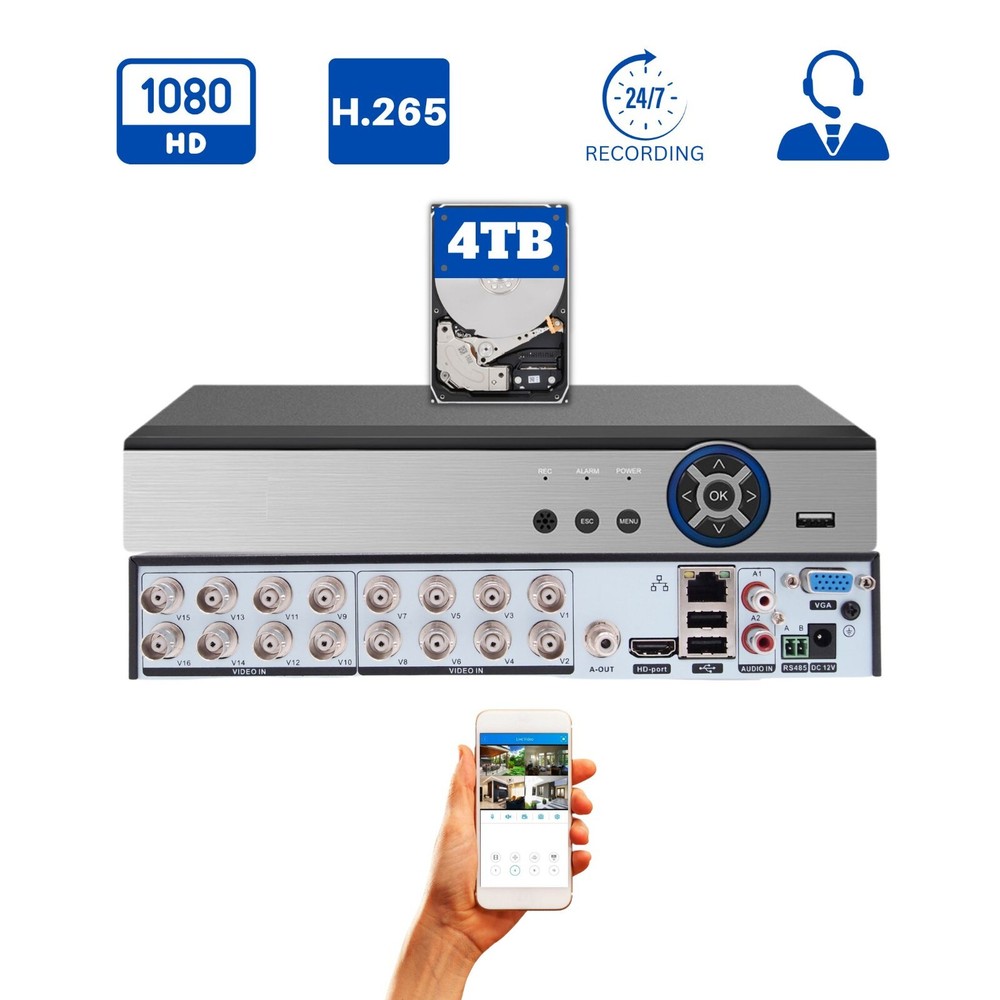 16 Channel H.265 CCTV Security DVR with 4TB Hard Drive Standalone Video Recorder