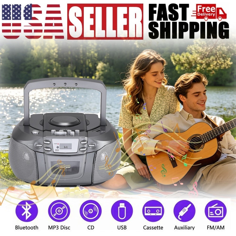 Silver Portable Bluetooth CD Cassette Boombox AM FM Radio USB Stereo Speaker