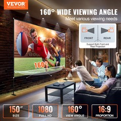 VEVOR Outdoor Movie Screen w/ Stand Portable Projector Screen 150″ 16:9 HD 4K