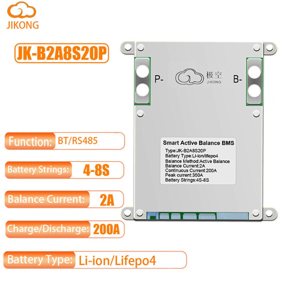 JK BMS JK-B2A8S20P 4S-8S 200A Li-ion LiFePo4 BMS with Active Balance BT/RS485