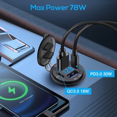 12-24V 4 Port Fast Car Charger QC3.0 PD USB C Outlet Socket w/ Voltmeter Boat RV