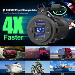 12V-24V PD+QC3.0 Dual USB Car Fast Charger Power Socket Outlet LED Voltmeter LOT