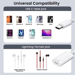 USB C to Lightning Headphone Audio Adapter, C Male White