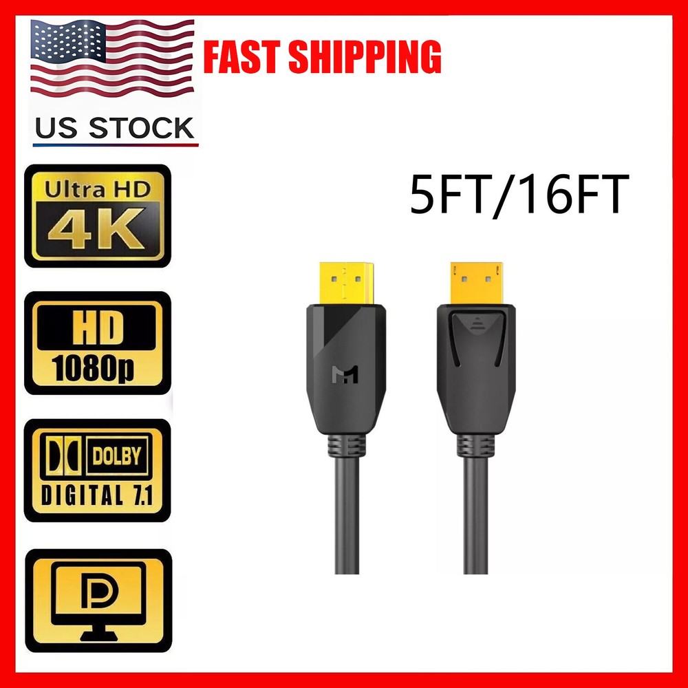 Displayport to Display Port Cable DP Male to Male Cord 4K HD w/Latches 5ft-16ft