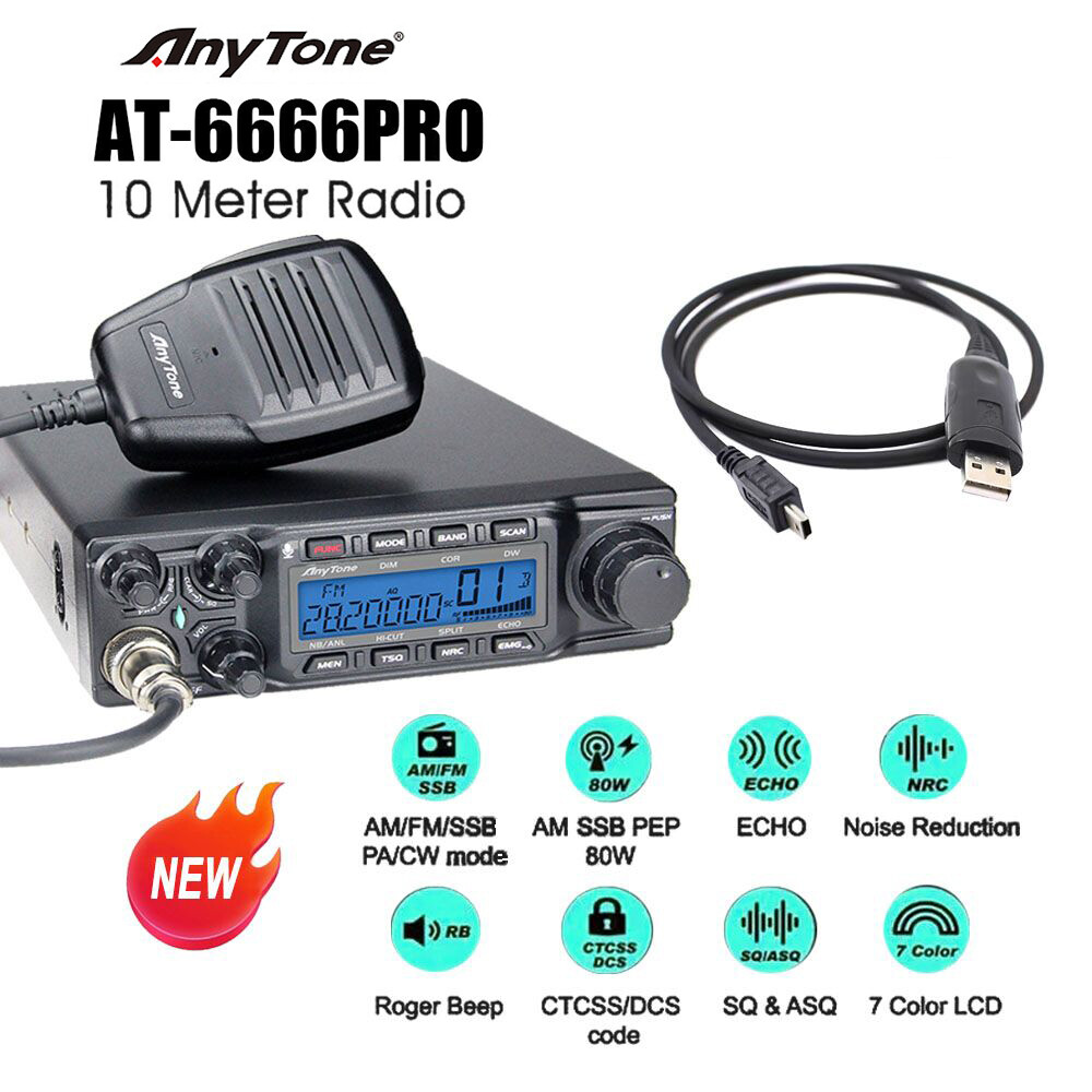 New Anytone AT-6666pro 80W 10M Amateur Radio AM FM USB LSB PA CW Mode with Cable