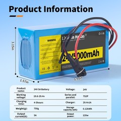 24V 5Ah Lithium Battery with 29.4V 1A Charger, 24V Rechargeable Battery for DIY