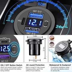 12V-24V PD+QC3.0 Dual USB Car Fast Charger Power Socket Outlet LED Voltmeter Lot