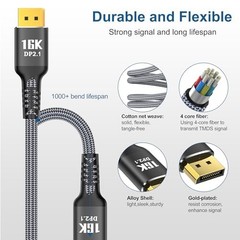 DisplayPort Cable 2.1 10FT 80Gbps 16K 60Hz 8K 120Hz 4K 240Hz HDR10 HDCP Braided