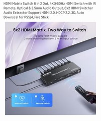 HDMI Matrix Switch 6×2 4K@60Hz IR Remote, Audio Extract, HDCP 2.2