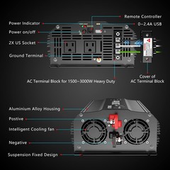 Pure Sine Wave 2000Watt Car Power Inverter Converter DC 12V to 120V AC VOLTWORKS