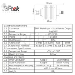 SMA 10W DC-3GHz 50Ω RF Coaxial Fixed Attenuator 1-50dB 3dB 6dB 10dB 20dB 30dB