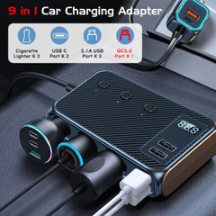9in1 Car Cigarette Lighter Socket Splitter USB C Fast Charger 3Way Power Adapter