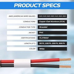 50FT 18/2 Speaker Wire CL2 Rated Indoor Low Voltage Copper Clad Aluminum (CCA…