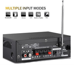 Amplificador Bluetooth 5.0 de 2 canales con USB, FM, RCA y mando a distancia.