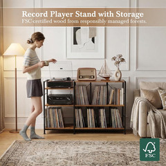 Vinyl Record Player Stand with Storage, Power Outlet, Rustic Brown Finish