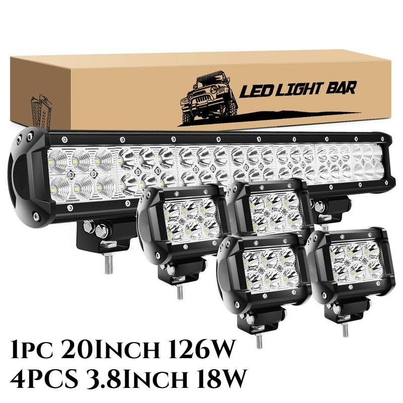 20In Spot Flood Combo Off Road Led Light Bar + 4pcs 4In LED Fog Work Lights Pods