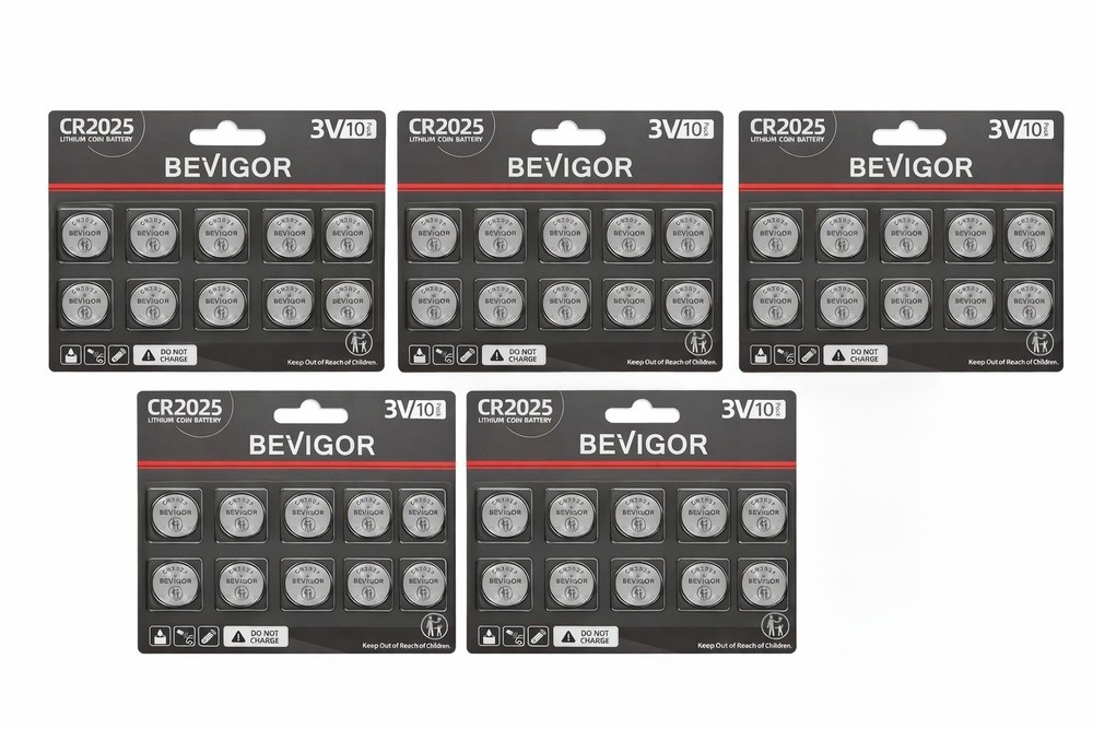 50 Pack Bevigor Battery CR2025 Lithium 3V Coin Batteries – Mfg. Date 3/ 2025