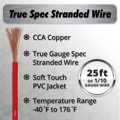 InstallGear 1/0 Gauge Red Wire AWG CCA Power or Ground Wire 25Feet