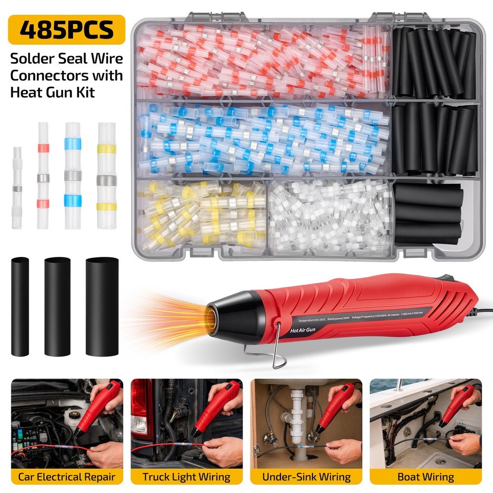Easy to Use 485PCS Solder Seal Butt Connectors Kit with Included Heat Gun