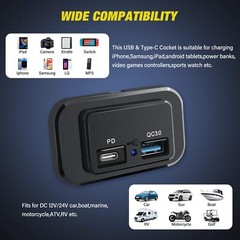 2X 12-24V 4.8ADual USB PD QC3.0 Car Boat RV Fast Charger Socket LED Power Outlet