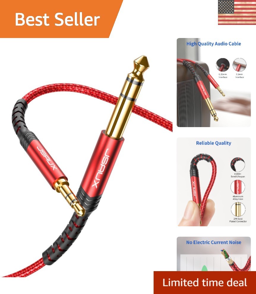 Durable 4FT 3.5mm to 1/4″ Male Stereo Cable – Red Aux for Musicians & Home Audio