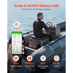 Uimoso 24V 50Ah LiFePO4 Lithium Battery with Bluetooth and 30A BMS