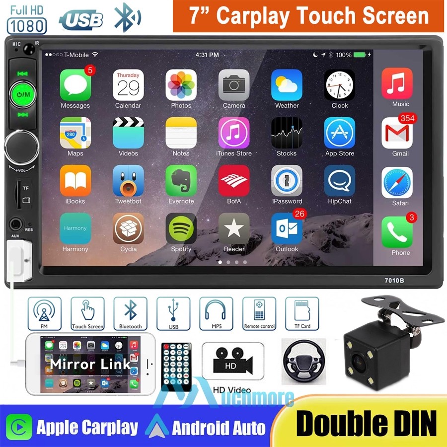 7″ Double 2Din Touch Screen Car Stereo Radio For Apple Carplay Android Auto+Cam