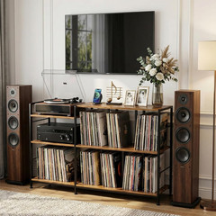 Vinyl Record Player Stand with Storage, Power Outlet, Rustic Brown Finish