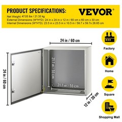 VEVOR NEMA Steel Enclosure, 24 x 24 x 12” 4X 24 x 24 x 12, Grey