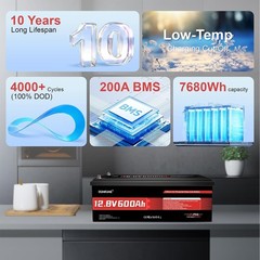 12V 600Ah LiFePO4 Lithium Battery 200A BMS, 7680Wh 15000+ Cycle for RV ,Solar