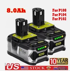 2 Packs 8.0Ah 18 Volt High Capacity for Ryobi P109 P191 Power Tools Battery