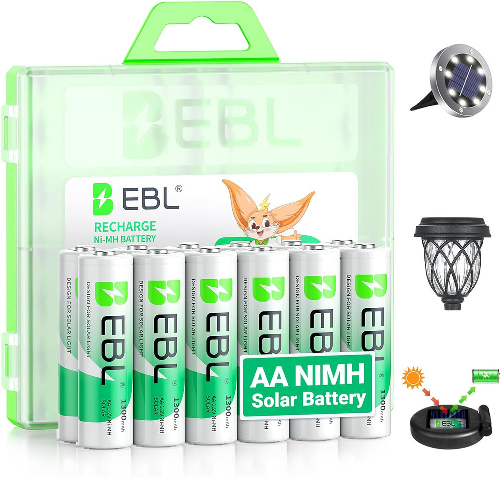 **12 Pack Solar AA Rechargeable Batteries 1300mAh NiMH 1.2V for Outdoor Solar Li