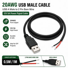 2pcs 3.3Ft 20AWG USB2.0 Male Plug 2pin Wire DIY USB Pigtail Cable 5A DC Power US