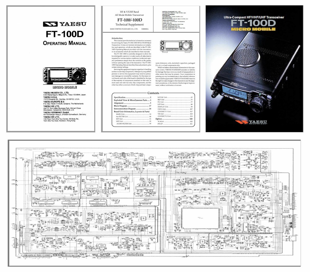 YAESU FT-100D OPERATING + TECH MANUAL + 11×17″ SCHEMATICS + COLOR BROCHURE