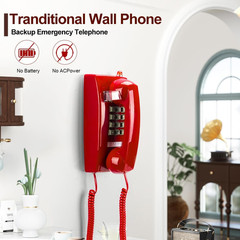 Traditional Red Wall Phones for Landline Mechanical Ringing, Classic 2554 Wall T
