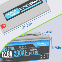 12V 200Ah plus Lifepo4 Battery, 200A BMS, Max. 2560W Power Output, 4000-15000 De
