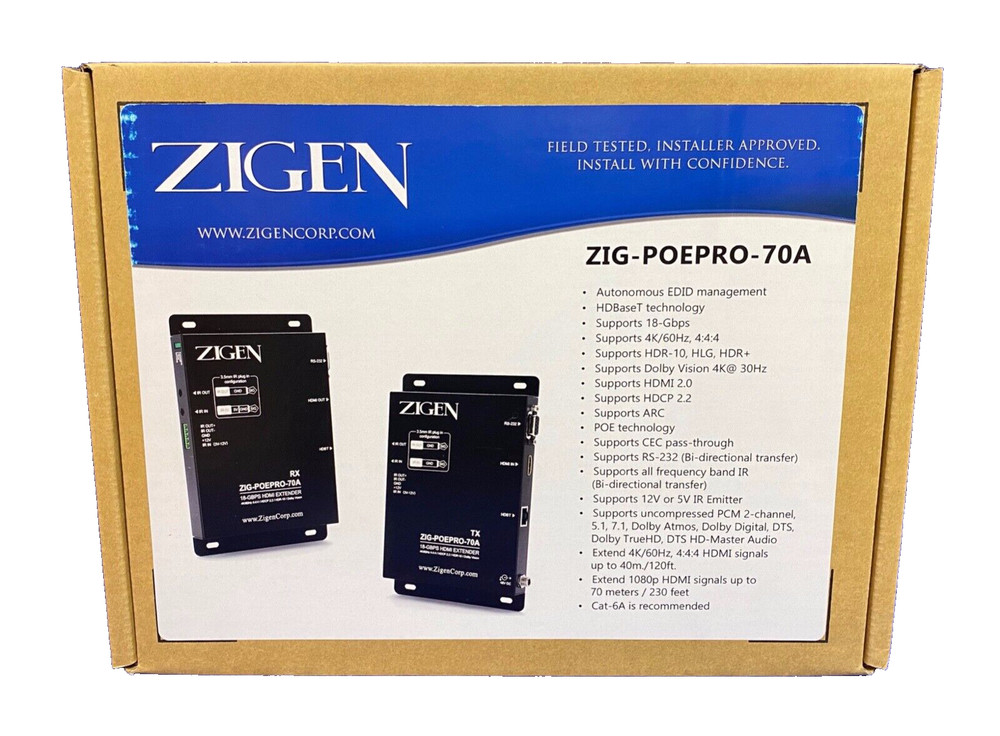 Zigen Zig-POEPRO-70A, 4K/60Hz 18G Extender Set for 1080P up to 230 feet- New!