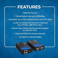 USB 2.0 Over Ethernet Cat5e/6 Extender LAN Upto 330 Feet – Extends 2 Ports