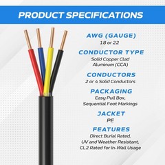 500ft Outdoor Alarm Security Cable 22/4 Gauge Solid CL2 Rated 4 Conductors CCA
