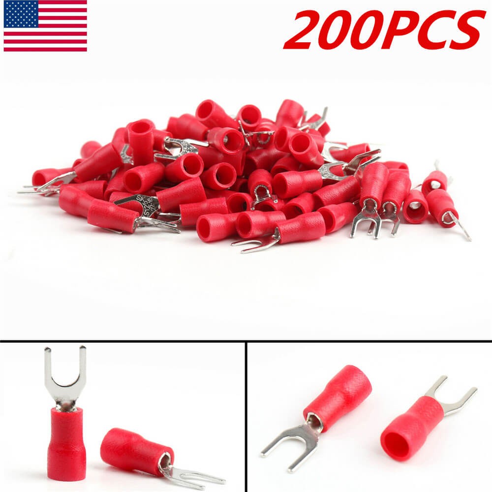 200pcs RED FORK SPADE TERMINAL 22-16GA #8 VINYL INSULATED CRIMP WIRE CONNECTOR