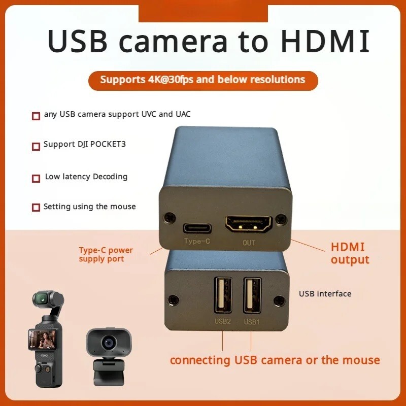 USB2.0 camera UVC to HDMI converter and pocket3 Insta 360 X5 to HDMI converter